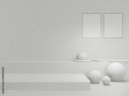 Product placement space in a white room. 3D rendering white color for a product display stand. Minimal Studio, Abstract mock-up witch copy space for Showcase.