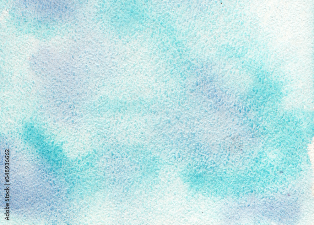 Hand painted abstract Watercolor Wet turquoise and blue Background with stains. Watercolor wash. Abstract painting. design for invitation, greeting card, wedding. empty space for text