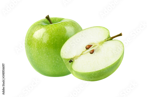 Ripe green apple and apple half isolated on white. Clipping path.