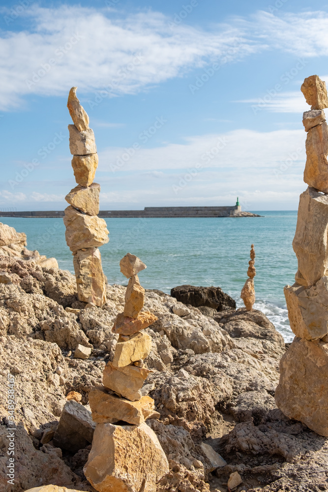 Stone sculptures in Zen balance on the south coast of Peñíscola, Mediterranean Sea
Stone sculptures in Zen balance on the south coast of Peñíscola, Mediterranean Sea