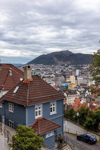Cozy wooden old traditional scandinavian architecture streets in Bergen  Norway. Moody cityscape