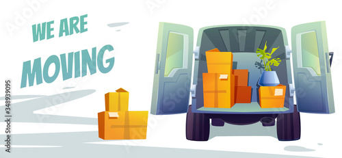 Furniture delivery banner with open truck and packing boxes inside. House moving concept. Vector cartoon illustration for relocation service with freight van for carry estate and cargo