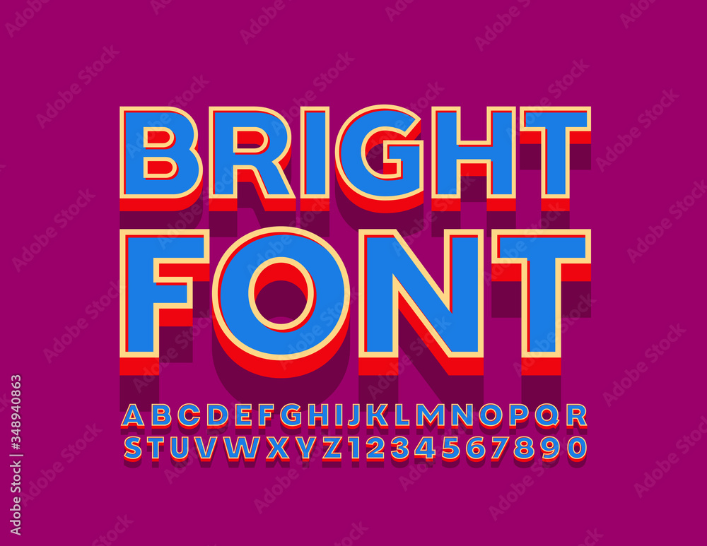 Fototapeta premium Vector Bright Font. 3D Retro Alphabet Letters and Numbers