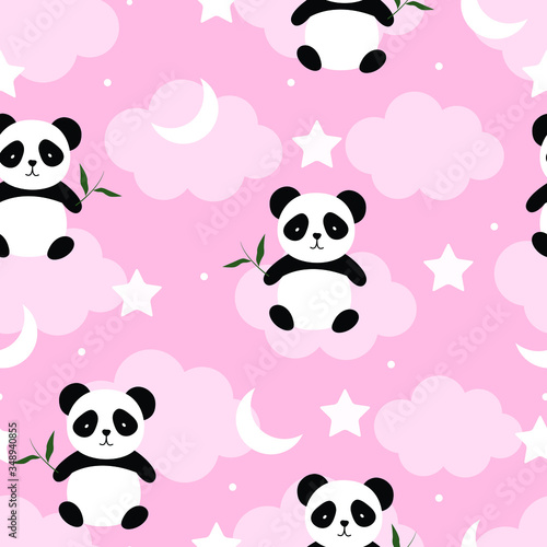 Panda holding bamboo leave sitting on the cloud. Cute seamless pattern Hand drawn cartoon style animal background Use for fabric, textile, fashion, vector illustration.