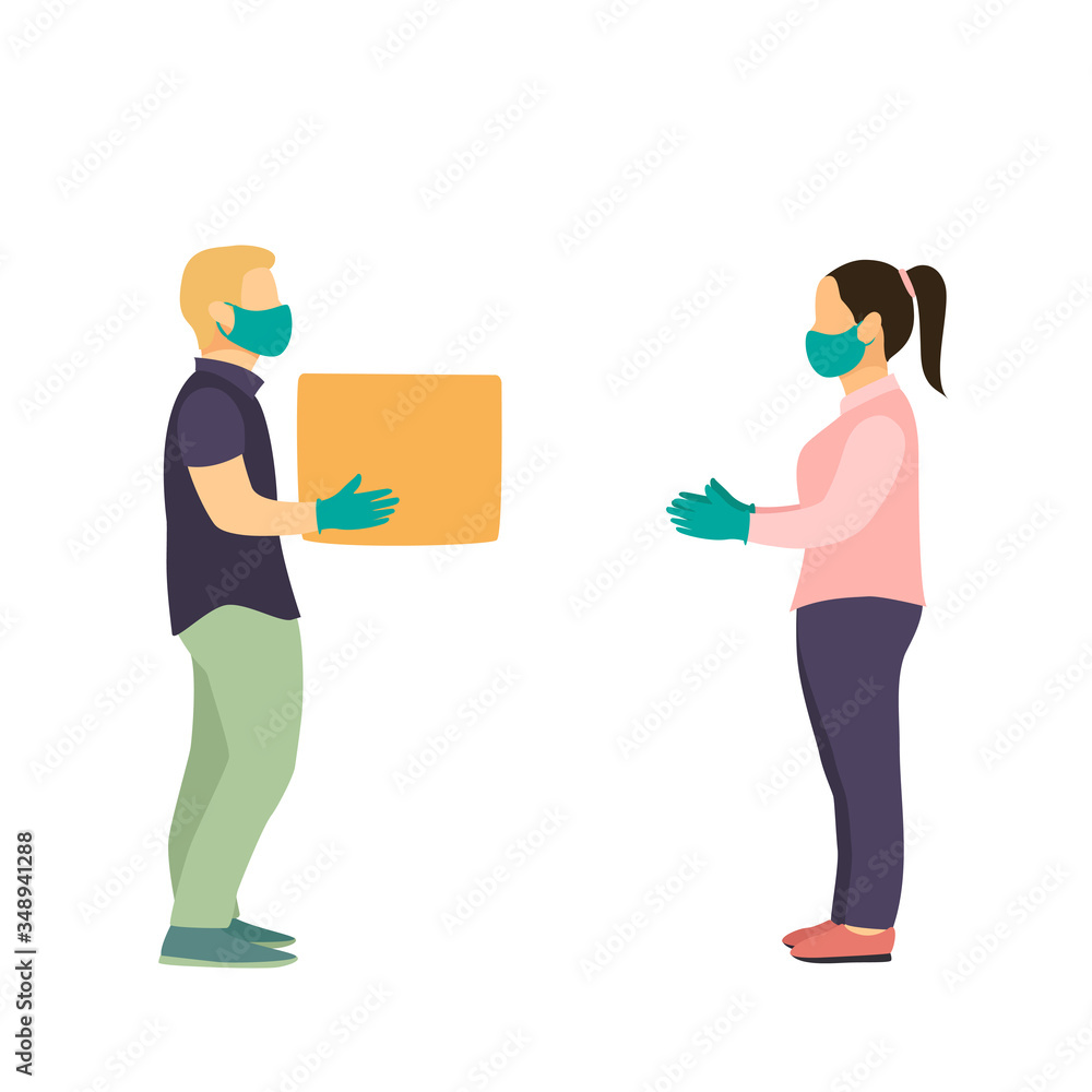 Delivery man full side view, uniform face medical mask, gloves hold cardboard box. Service coronavirus. Online shopping