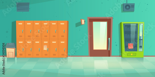 School hallway, empty corridor interior with lockers, vending machine, closed door to classroom and litter bin on tiled floor. College campus hall or university lobby, Cartoon vector illustration