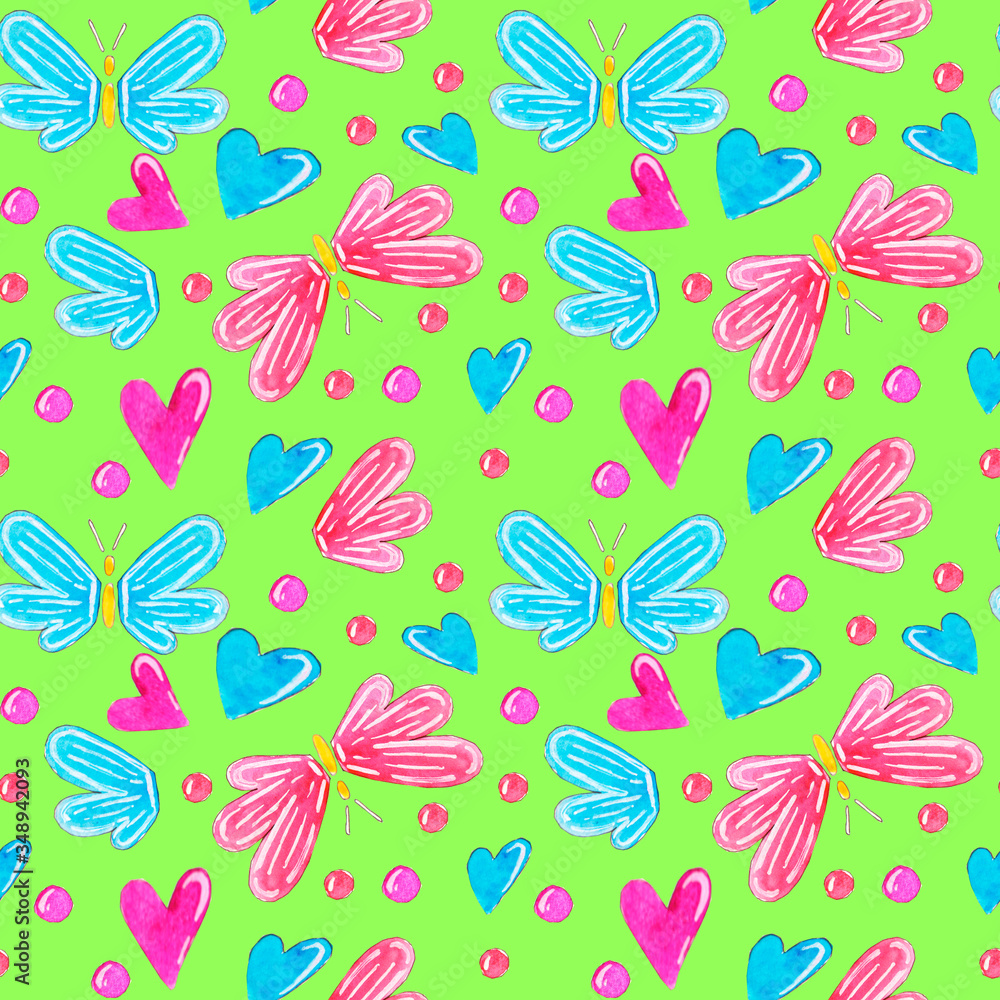 Seamless pattern of blue and pink butterflies, hearts and circles on a green background, painted in watercolor.