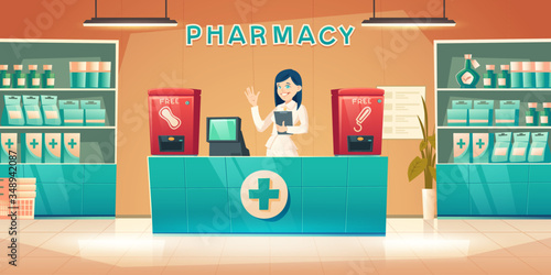 Pharmacy with pharmacist woman at counter desk, cartoon drugstore interior with cashier, medical products on shelves and vending machine for free female sanitary pads and tampons, vector illustration