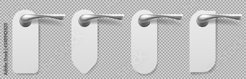 Door handles with hangers different shapes. Vector realistic mockup of blank white paper hanger sign for service in motel or hotel. Metal lever handles with tags isolated on transparent background