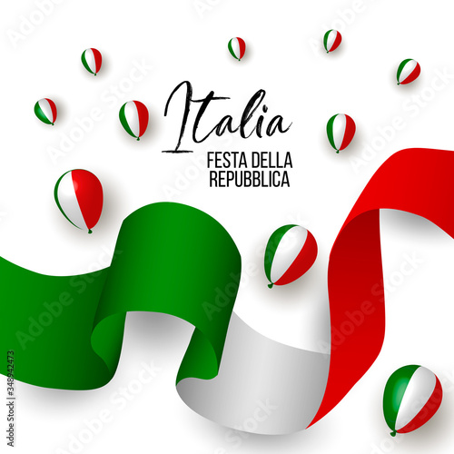 2nd june, Italy Happy republic Day greeting card. Waving italian flags and balloons isolated on white background. Patriotic Symbolic background Vector illustration. Festa della repubblica
