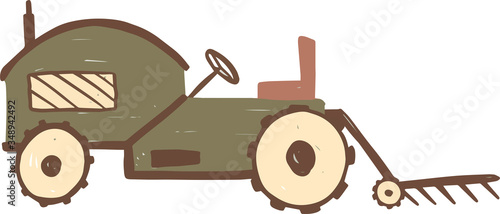 Tractor. Vector illustration of a green tractor with plough in childish style isolated on white background for kids. Heavy agricultural machinery for field work