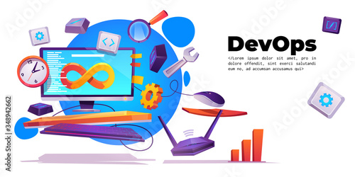 DevOps banner. Concept of development operations. Vector landing page of project integration with cartoon illustration of computer screen with lifecycle infinity sign, clock and router