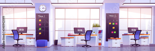 Modern office interior. Business workplace, open space room for coworking. Vector cartoon illustration of empty cabinet with office furniture, computers and task notes on blackboard