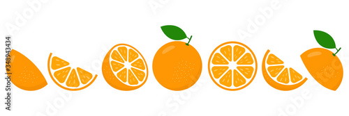 Orange fresh slices set. Cut Oranges fruit slice for lemonade juice or vitamin c logo. Citrus icons vector illustration isolated on white background.