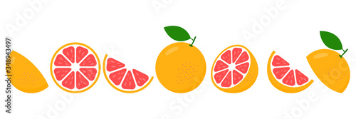 Grapefruit fresh slices set. Cut grapefruits fruit slice for juice or vitamin c logo. Citrus icons vector illustration isolated on white background.