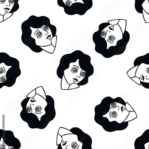 girl illustration traditional tattoo flash seamless doodle pattern