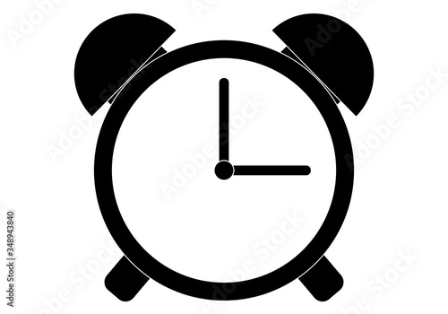 Icono negro de reloj despertador sobre fondo blanco.