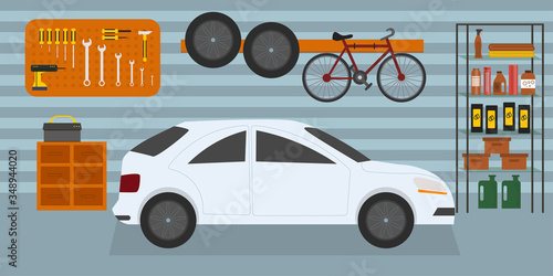 Home garage with car, bike and tools on the wall, flat vector interior illustration 