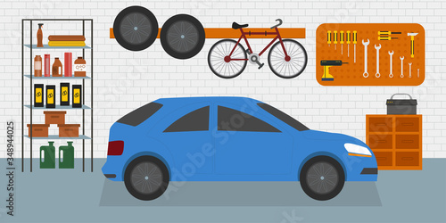 Home garage with car, bike and tools on the wall, flat vector interior illustration 