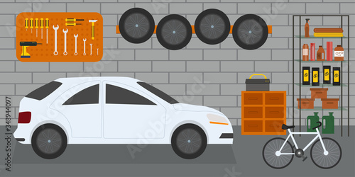 Home garage with car, bike and tools on the wall, flat vector interior illustration 
