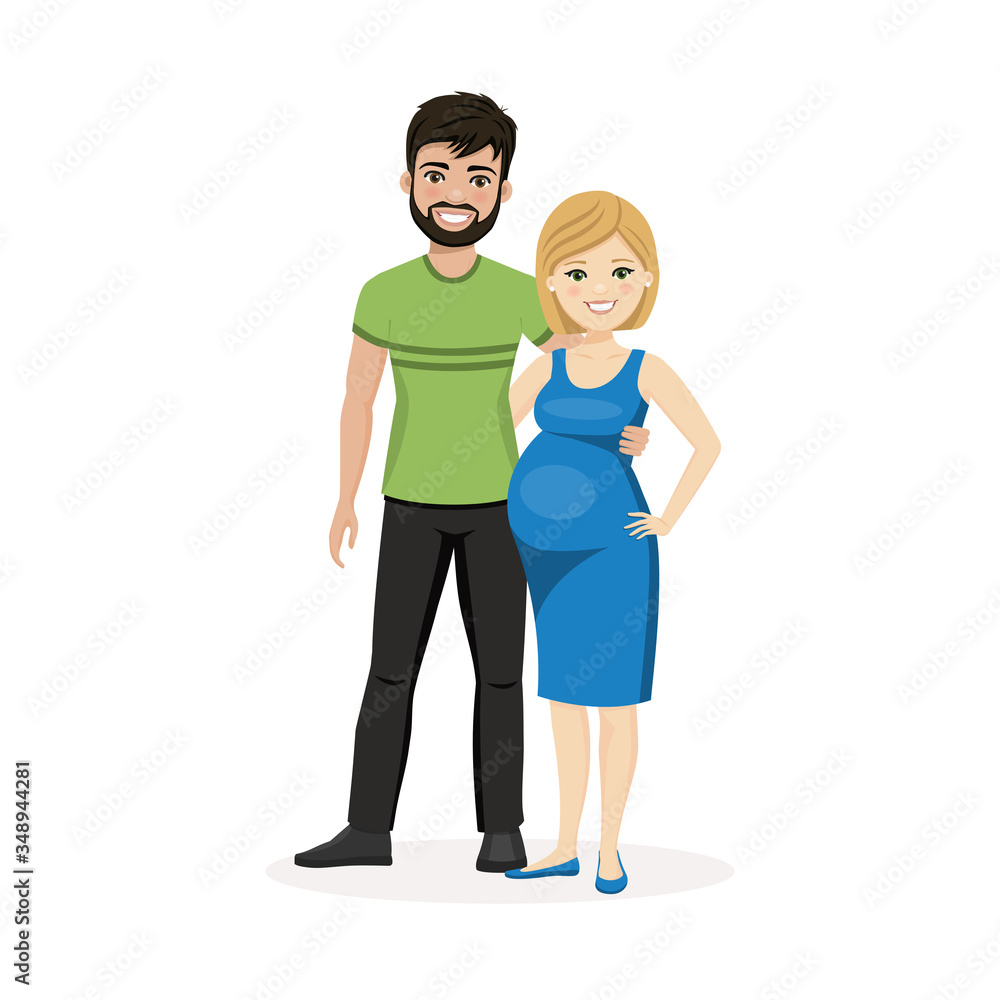 Young couple portrait waiting for baby. Pregnant woman. Vector illustration Young couple portrait waiting for baby. Pregnant woman. Vector illustration