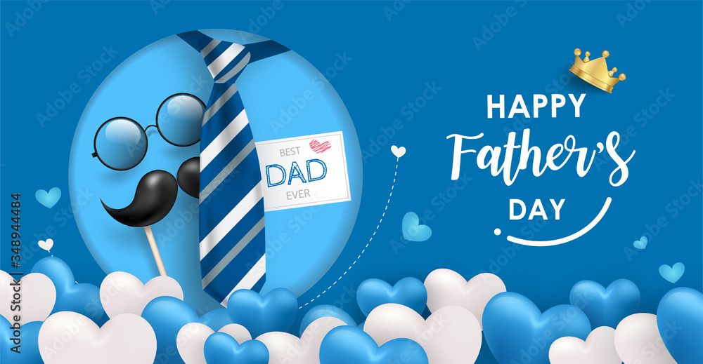 Fototapeta Happy Father's Day banner template. Many blue and white heart balloons on blue background with tie, glasses and mustache elements. EPS10 vector illustration.