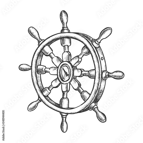 Sketch of vintage ship steering wheel, boat rudder
