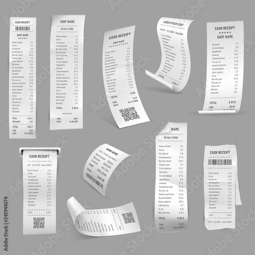 Receipts, paper bill, cash check, payment invoice