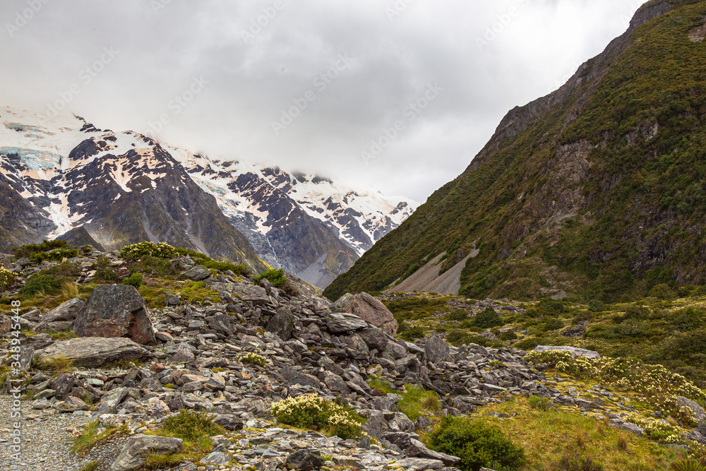 Snowy mountains in the Southern Alps. Scree in the mountain. South Island, New Zealand Snowy mountains in the Southern Alps. Scree in the mountain. South Island, New Zealand