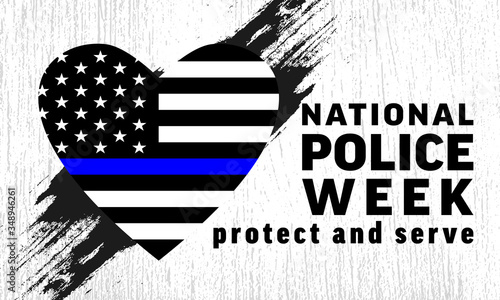National Police Week background -  heart with grunge flag United States of America with blue line. Poster, card, banner and background