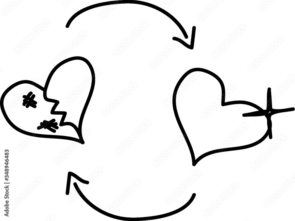 Simple cartoon doodle breakup and mending broken heart icon Simple cartoon doodle breakup and mending broken heart icon