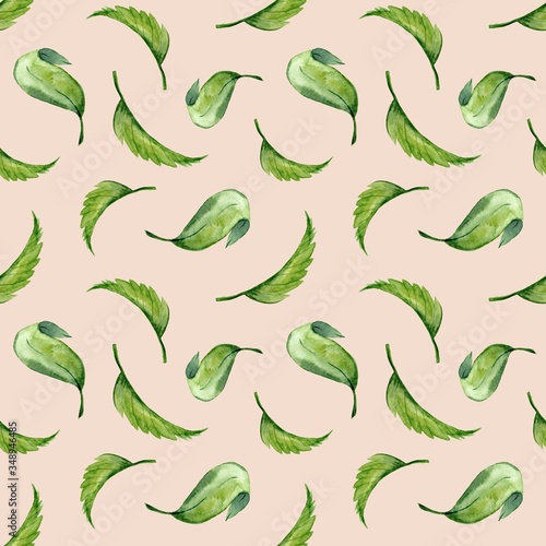 Watercolor leafy seamless pattern hand drawn on pink background. Green leaves summer wallpaper  © Oksana