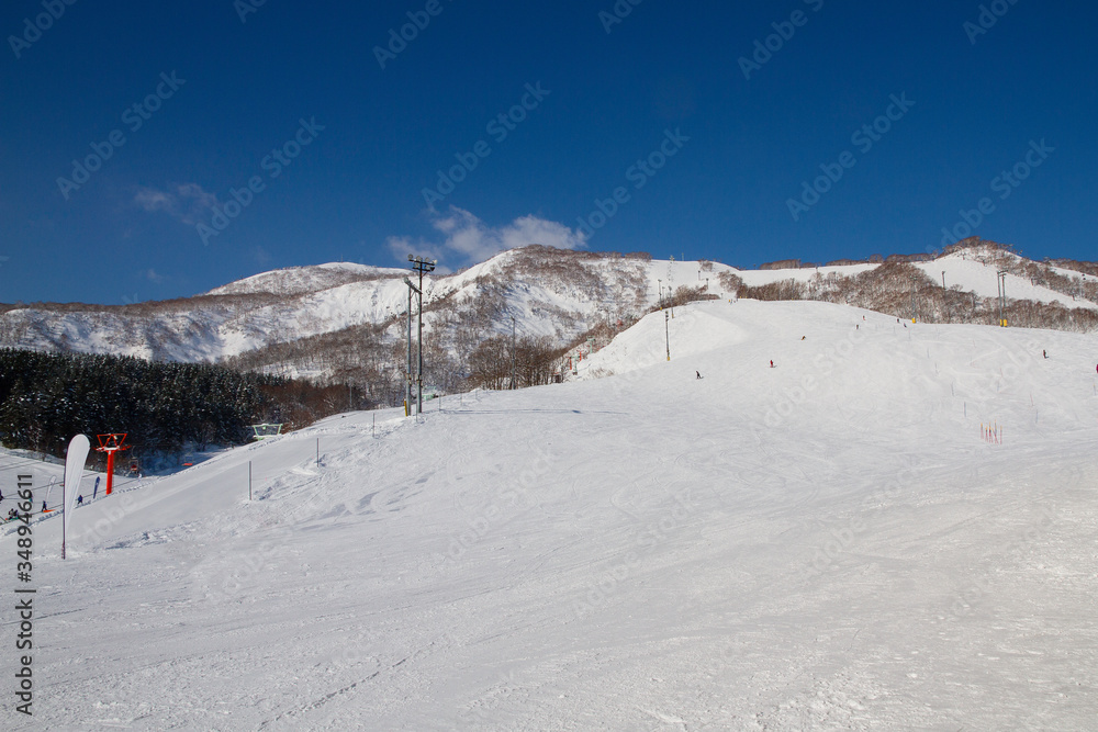 Beautiful landscape of ski field at Niseko, Hokkaido, Japan. Blue sky. Snow power.