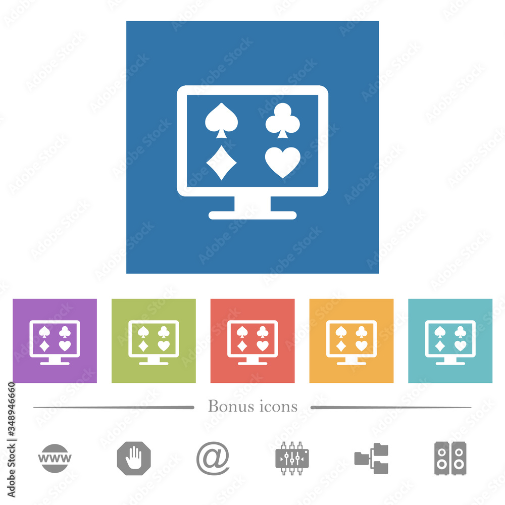 Online gambling flat white icons in square backgrounds Online gambling flat white icons in square backgrounds