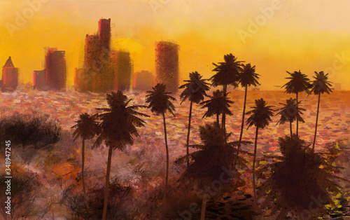 Los Angeles Digital illustration Golden Sunset View on the City from Far