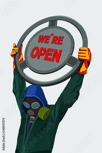 Man in  respirator, gas mask, holding round sign with letters 'we are open' in post apocalypse world. Industrial