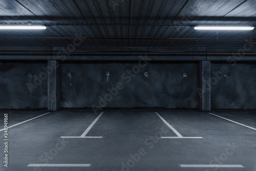 Fototapeta Sci fi looking dark and moody underground parking lot with fluorescent lights on