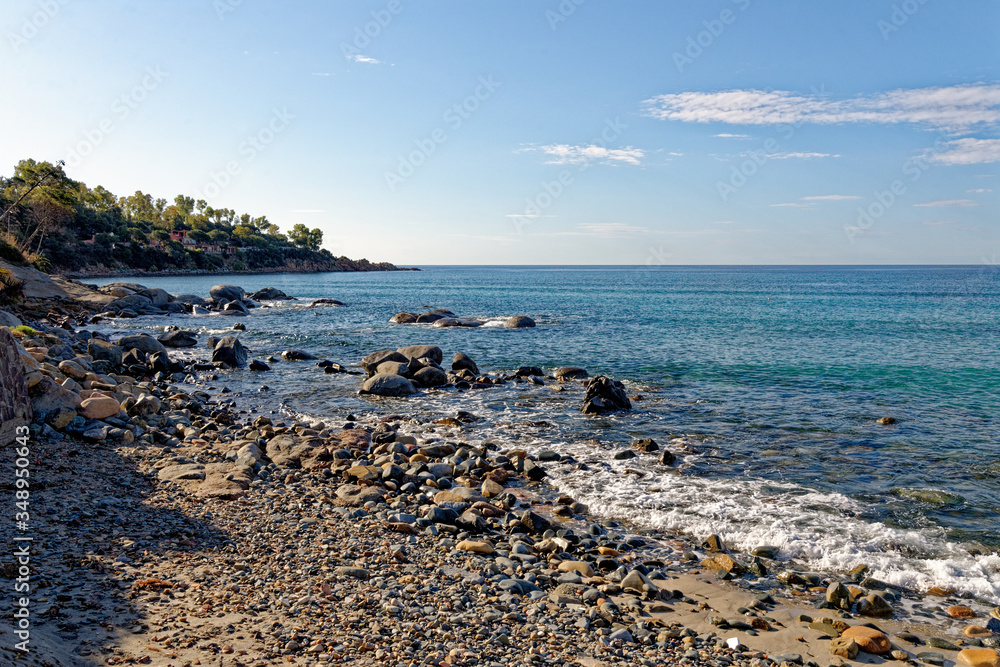 Landscape of Bathing beach Porto Frailis on the rocky coast of Sardinia - Italy