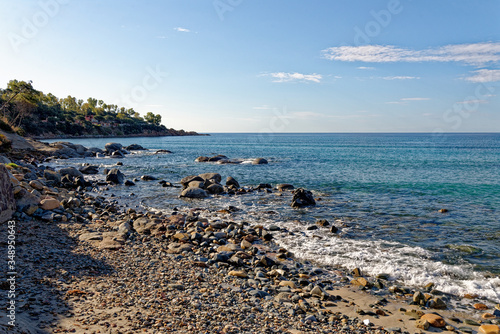 Landscape of Bathing beach Porto Frailis on the rocky coast of Sardinia - Italy