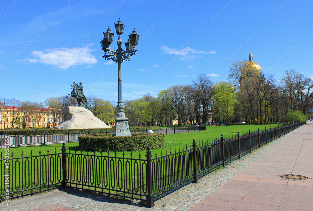 Saint Petersburg city scenery with historc monument on sunny summer day with no people. Empty street of St Petersburg city during self-isolation regime due to covid-19 pandemic