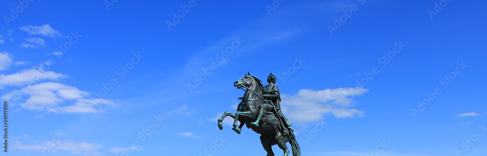 Bronze Horseman in Saint Petersburg, Russia. Equestrian statue outdoors on blue sky