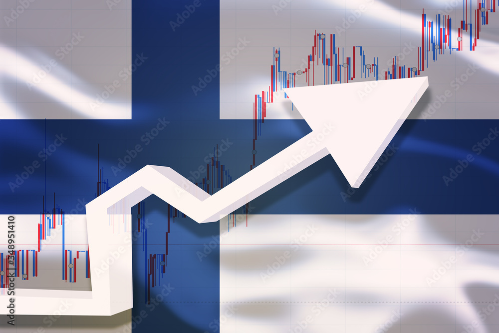 Fototapeta Finland growth chart. White 3D arrow and stocks chart grows up on the background of waving flag of the country.