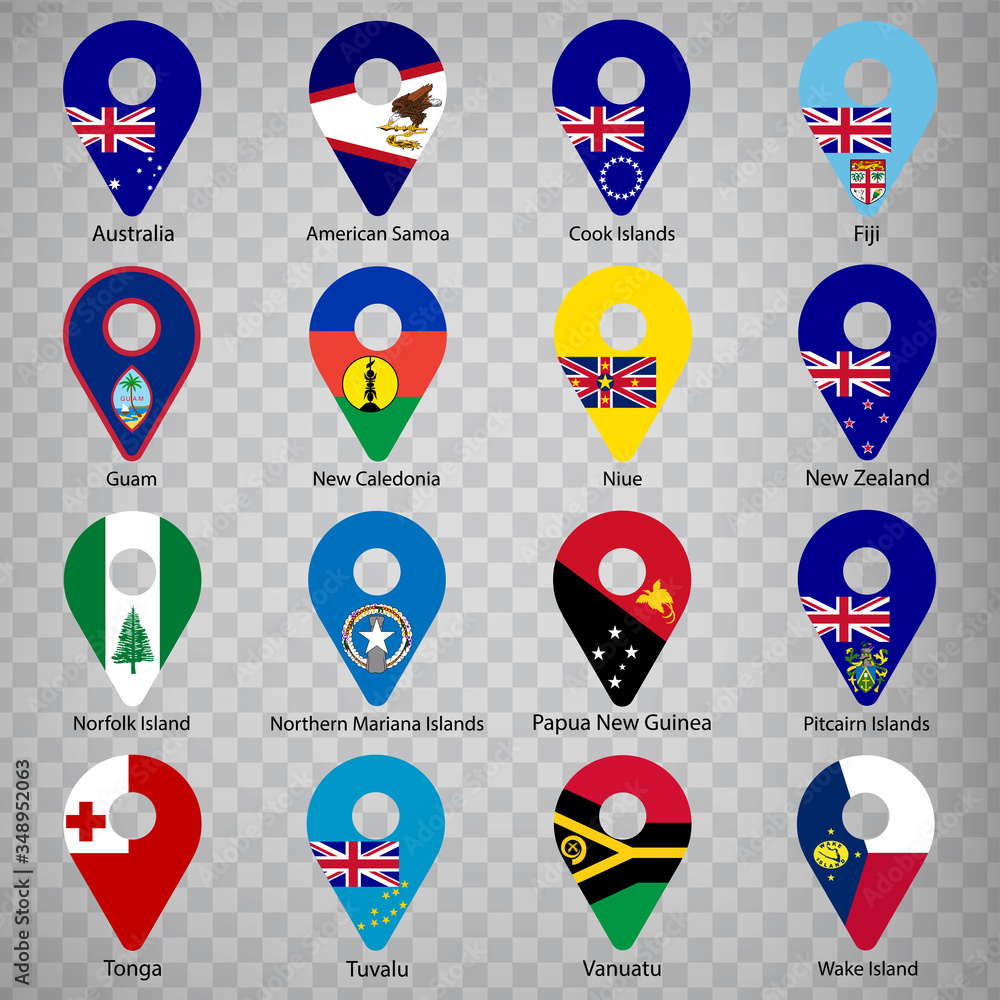 Sixteen Flags of Australia and Oceania countries - alphabetical order with name.  Set of 2d geolocation signs like national flags of Australia and Oceania. Sixteen geolocation signs. EPS10.