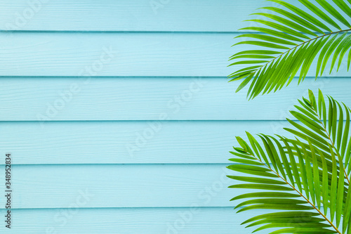 top view of tropical palm leaf on blue color wooden background  copy space minimal summer concept  flat lay