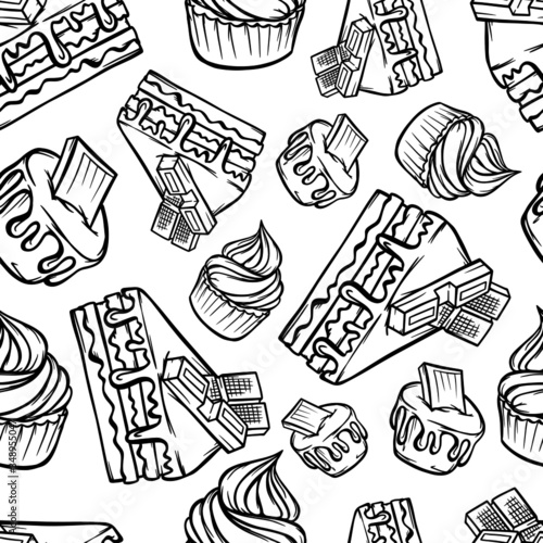 seamless pattern cake with chocolate muffins with cream sweets desserts confectionery delicacy graphics outline background vector illustration textile texture print