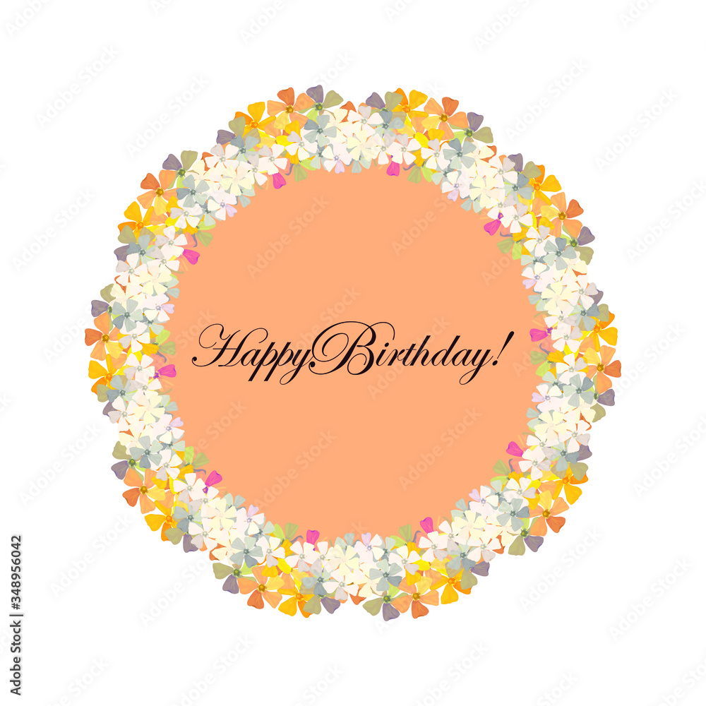Happy Birthday! A wreath of the first spring small flowers of periwinkle on a white background. EPS10 vector illustration.
