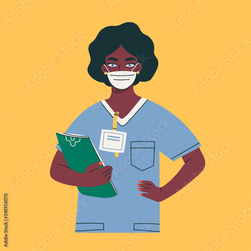 Confident african american female Doctor standing with clipboard. Young Nurse wearing blue clothes and mask. Health Care concept. Hand drawn colored Vector illustration. Isolated on yellow background