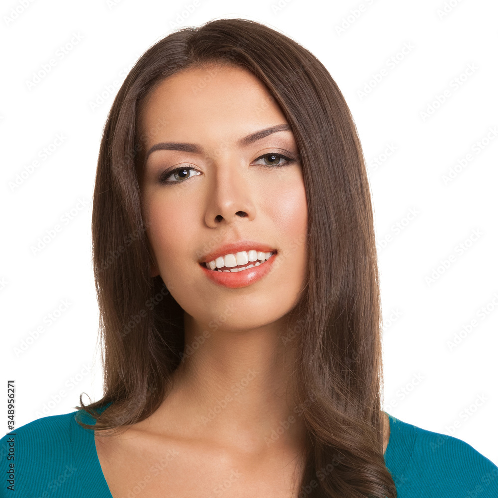 Portrait of smiling young woman in blue casual clothing, isolated over white background. Caucasian / asian female model at studio picture. Square composition. Portrait of smiling young woman in blue casual clothing, isolated over white background. Caucasian / asian female model at studio picture. Square composition.