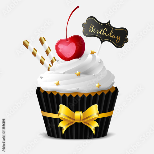 Sweet cupcake with white icing waffle tubes and ripe cherry on a white background. Tag labeled Birthday. Vector illustration