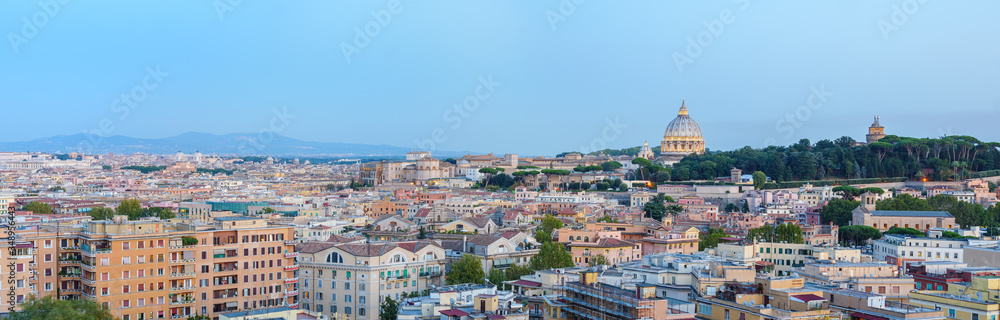 Panoramic view over the historic center of Rome with view to the Saint Peters Basilica in Vatican city